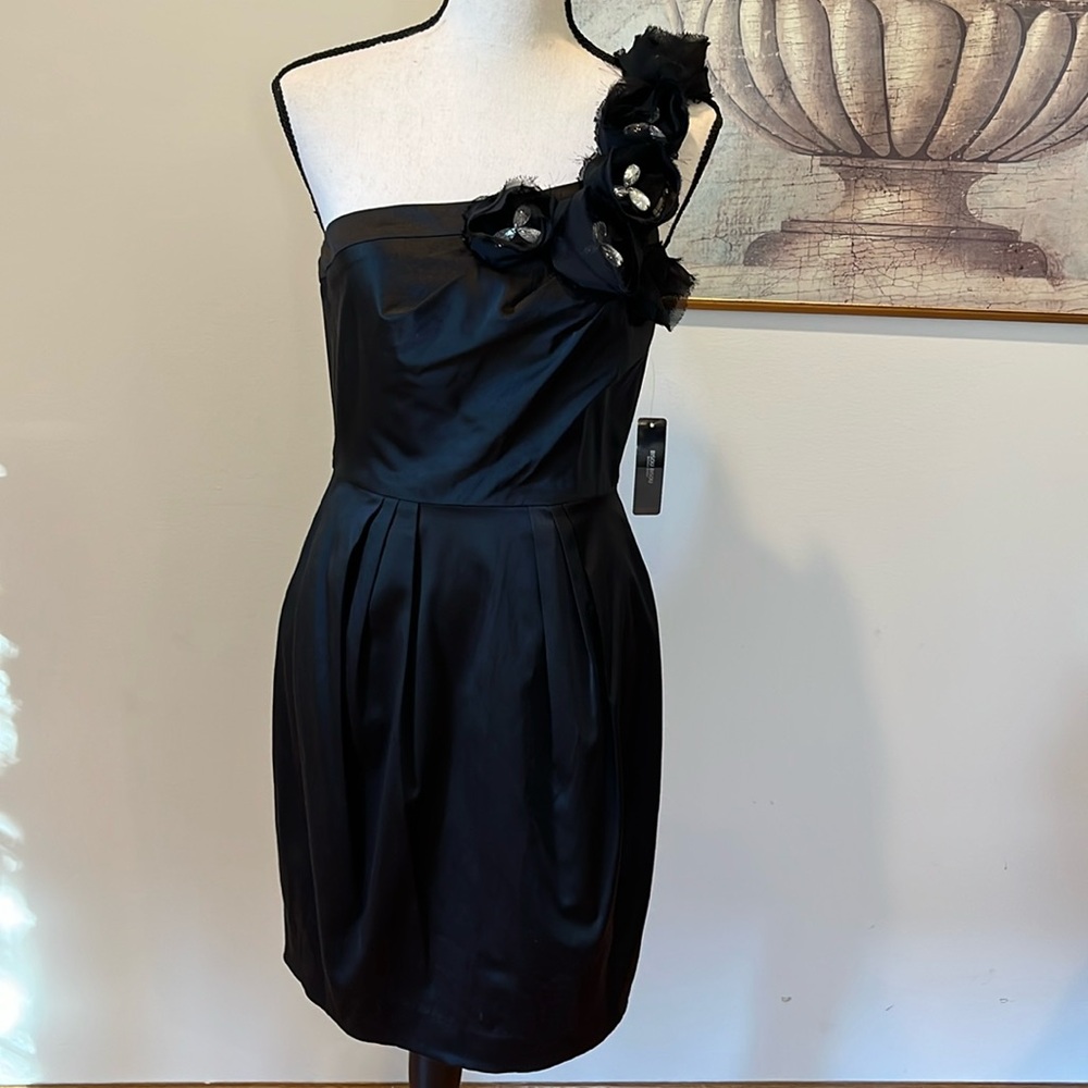 🆕 Bisou Bisou Black Satin Rhinestone Rosette One Shoulder Cocktail Party Dress 6